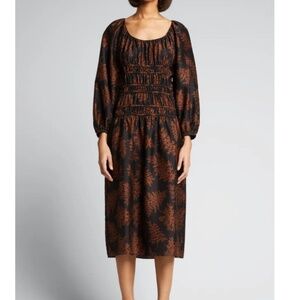 Rebecca Taylor Arden Fern Black & Rust Silk Midi Dress Size XL